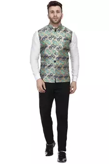 Green Printed Jacquard Nehru Jacket