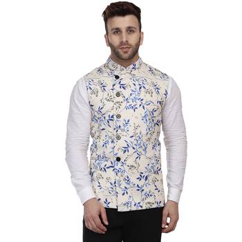 Beige Printed Pure Cotton Knitted Stretch Nehru Jacket 1