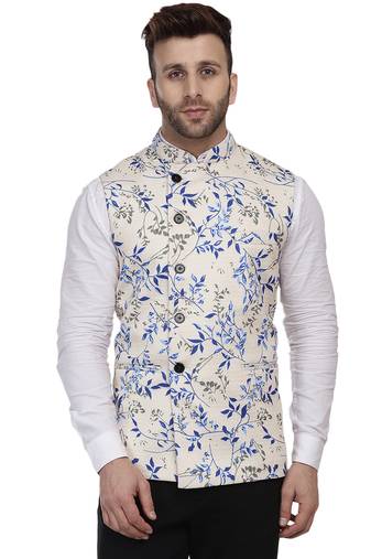 Beige Printed Pure Cotton Knitted Stretch Nehru Jacket