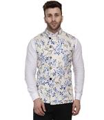 Beige Printed Pure Cotton Knitted Stretch Nehru Jacket