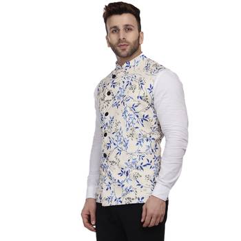 Beige Printed Pure Cotton Knitted Stretch Nehru Jacket 2
