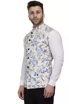 Beige Printed Pure Cotton Knitted Stretch Nehru Jacket