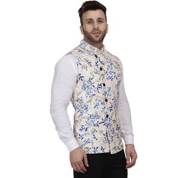 Beige Printed Pure Cotton Knitted Stretch Nehru Jacket 3