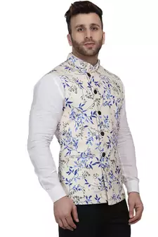Beige Printed Pure Cotton Knitted Stretch Nehru Jacket