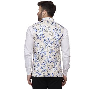 Beige Printed Pure Cotton Knitted Stretch Nehru Jacket 4