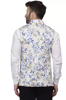 Beige Printed Pure Cotton Knitted Stretch Nehru Jacket
