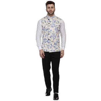 Beige Printed Pure Cotton Knitted Stretch Nehru Jacket 5
