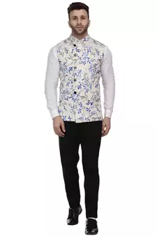 Beige Printed Pure Cotton Knitted Stretch Nehru Jacket