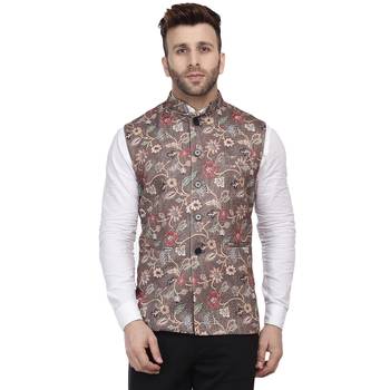 Brown Printed Pure Cotton Knitted Stretch Nehru Jacket 1