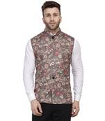 Brown Printed Pure Cotton Knitted Stretch Nehru Jacket