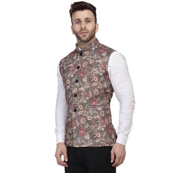 Brown Printed Pure Cotton Knitted Stretch Nehru Jacket 2