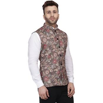 Brown Printed Pure Cotton Knitted Stretch Nehru Jacket 3