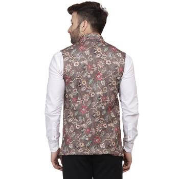 Brown Printed Pure Cotton Knitted Stretch Nehru Jacket 4