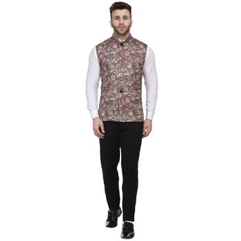 Brown Printed Pure Cotton Knitted Stretch Nehru Jacket 5