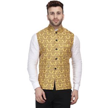 Gold Printed Jacquard Nehru Jacket 1
