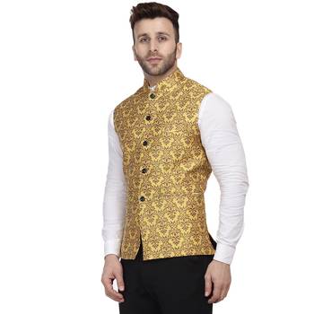 Gold Printed Jacquard Nehru Jacket 2