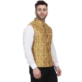 Gold Printed Jacquard Nehru Jacket 3