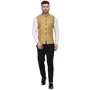 Gold Printed Jacquard Nehru Jacket 5