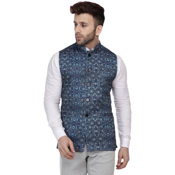 Blue Printed Pure Cotton Knitted Stretch Nehru Jacket 1
