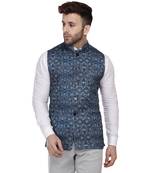 Blue Printed Pure Cotton Knitted Stretch Nehru Jacket