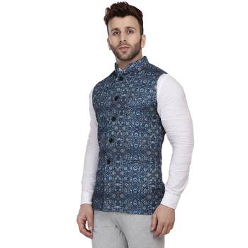 Blue Printed Pure Cotton Knitted Stretch Nehru Jacket 2