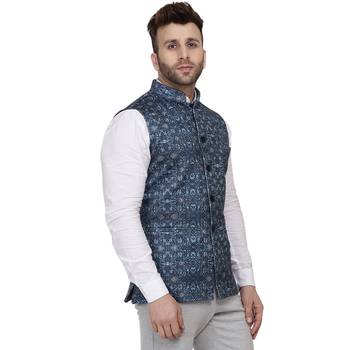 Blue Printed Pure Cotton Knitted Stretch Nehru Jacket 3