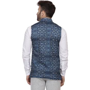 Blue Printed Pure Cotton Knitted Stretch Nehru Jacket 4