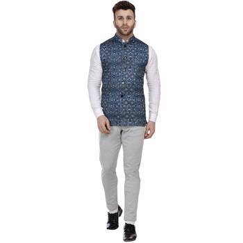 Blue Printed Pure Cotton Knitted Stretch Nehru Jacket 5
