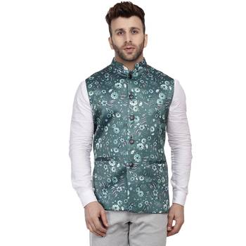Green Printed Satin Nehru Jacket 1