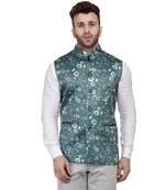 Green Printed Satin Nehru Jacket