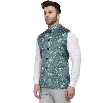 Green Printed Satin Nehru Jacket 2