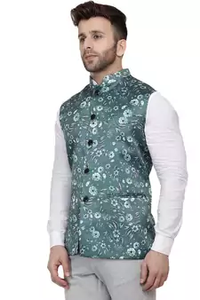 Green Printed Satin Nehru Jacket