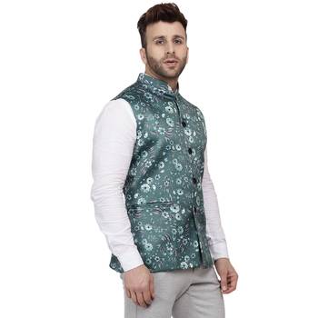 Green Printed Satin Nehru Jacket 3