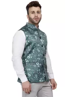 Green Printed Satin Nehru Jacket