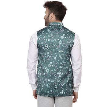 Green Printed Satin Nehru Jacket 4
