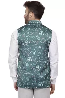 Green Printed Satin Nehru Jacket