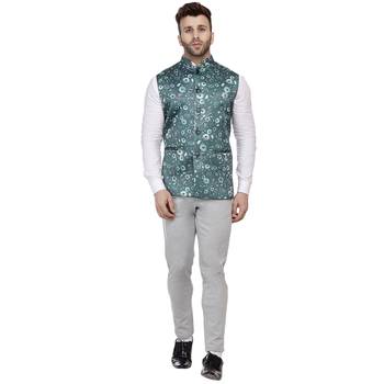 Green Printed Satin Nehru Jacket 5