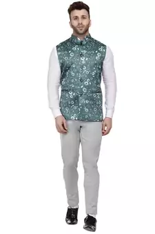 Green Printed Satin Nehru Jacket