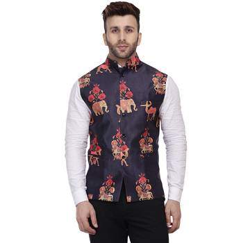 Blue Printed Satin Nehru Jacket 1