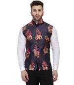 Blue Printed Satin Nehru Jacket