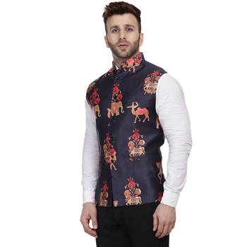 Blue Printed Satin Nehru Jacket 2