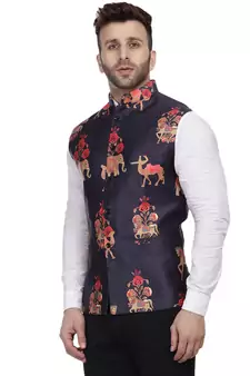 Blue Printed Satin Nehru Jacket