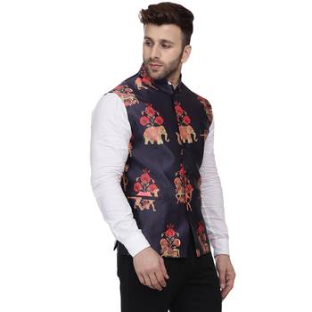 Blue Printed Satin Nehru Jacket 3