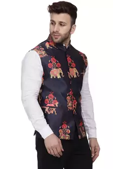 Blue Printed Satin Nehru Jacket