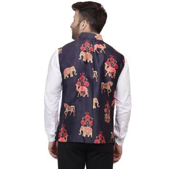 Blue Printed Satin Nehru Jacket 4