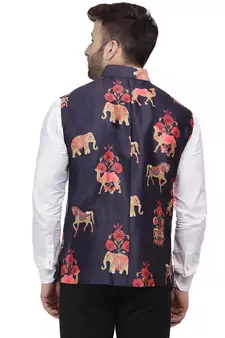 Blue Printed Satin Nehru Jacket
