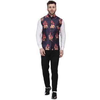 Blue Printed Satin Nehru Jacket 5