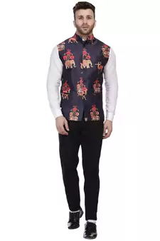 Blue Printed Satin Nehru Jacket