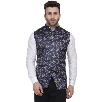 Blue Printed Satin Nehru Jacket 1