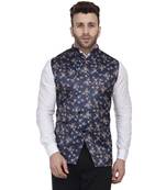Blue Printed Satin Nehru Jacket